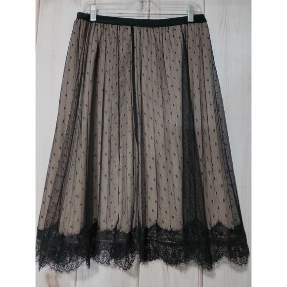 Lace Trim Polka Dot Tulle Skirt Midi Black Beige Elegant‎ Party - Picture 1 of 7